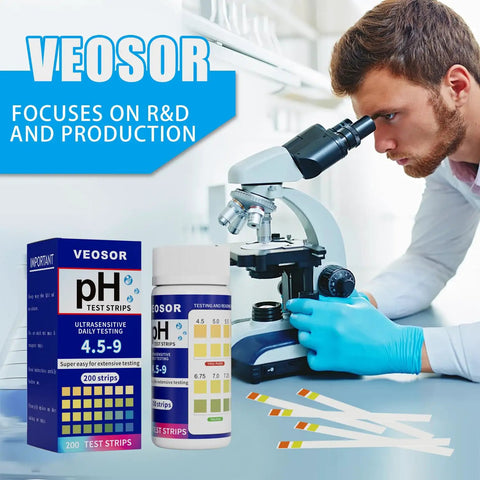 Scientist using microscope with PH Test Strips For Urine And Saliva With 200 Strips for home pH check, range 4.5 to 9.0 displayed.