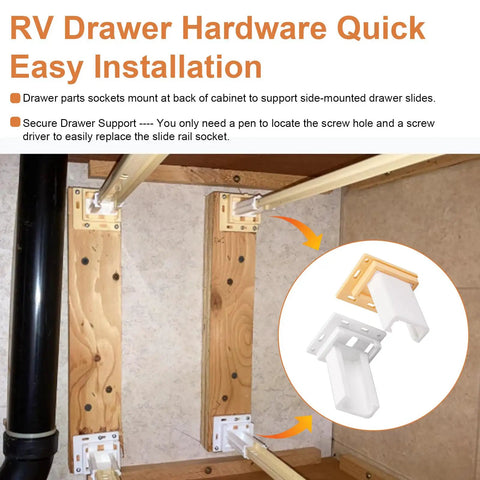 Easy Fit Drawer Slide Socket Set For Cabinets And RVs installed shown in a wooden cabinet setup