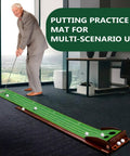 Indoor Putting Green With Auto Ball Return Real Turf Feel Putting Mat for home office practice, person using in office