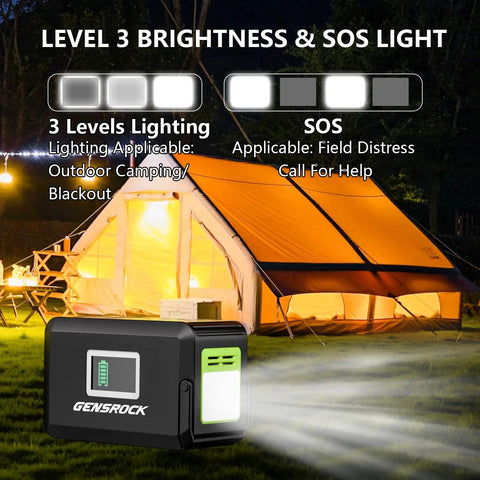 Portable Power Station 120W Peak 220W 88Wh Solar Generator Lithium Battery Power Bank with LED flashlight near a tent at night