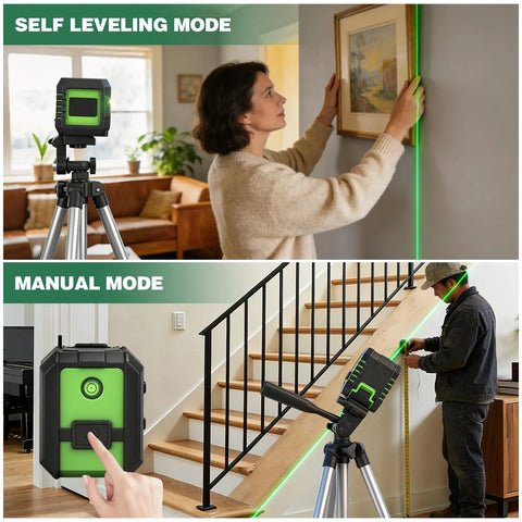 360 Self Leveling Laser Level With Green Cross Lines For Construction And Picture Hanging Vertical And Horizontal Plumb Lines Easy Setup Bright Two Line Green Laser Pro Grade Precision For Fast Accurate Leveling, self-leveling mode on tripod