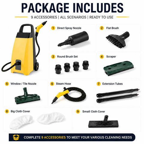 Package includes 9 accessories with Buff Out Dirt With This Bad Boy 3000W Commercial Steam Cleaner for versatile cleaning.
