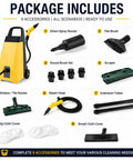 This Badass 3000W Steam Engine Cleaner Is A Total Beast For Your Home includes 9 accessories for versatile cleaning tasks.