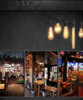 E26 vintage light bulbs hanging, illuminated above three styled home lighting arrangements showcasing decor variety.