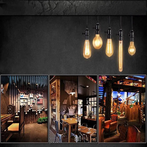 E26 vintage light bulbs hanging, illuminated above three styled home lighting arrangements showcasing decor variety.