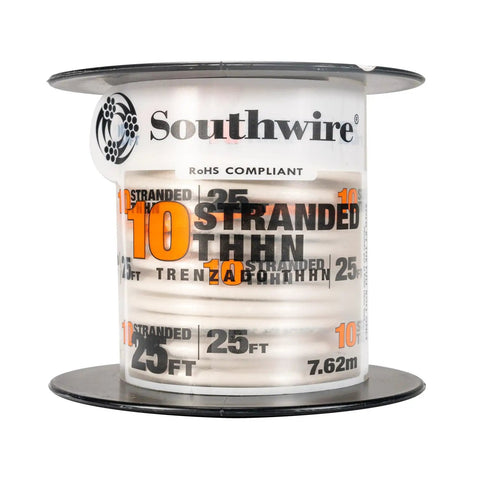 Spool of THHN 10 AWG Copper Wire, red, 100 ft, for indoor/outdoor use, branch feeder and service power distribution.