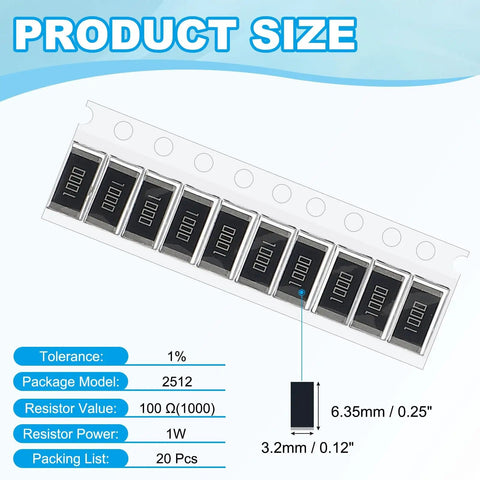 2512 Surface Mount Chip Resistor Kit Twenty Piece 100 Ohm One Percent Tolerance One Watt Ceramic Resistors DIY Electronics Assortment for Projects for Makers and Hobbyists product size details