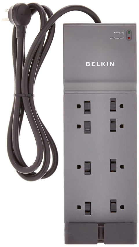 8 Outlet Surge Protector Power Strip With Flat Plug And 6ft Cord Clutter-Free 3550 Joules shown with outlets and plug