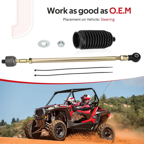Left Steering Rack Tie Rod Kit For Polaris RZR Ranger UTVs 400 500 570 700 800 900 1000 From 2008 To 2021 Heavy Duty Bolt On Upgrade Durable Steel Build Beefed Up Breeze Brutus EM1400 with boot, hardware, and UTV steering use