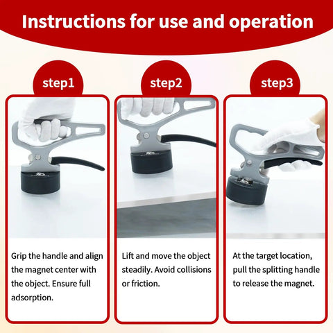 Instructions showing use of Heavy Duty Magnetic Pickup Tool With Quick Release Handle For Welding Positioning and Metalwork.