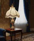 Off White Jacquard Scallop Bell Lamp Shade With Fringes on lamp in elegant living room