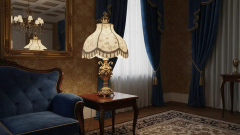 Off White Jacquard Scallop Bell Lamp Shade With Fringes on lamp in elegant living room