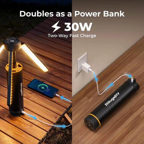 Telescopic Camping Lantern With 15600mAh Rechargeable Battery, 1000x3 Lumens Rotating Light charging phone and plugged in