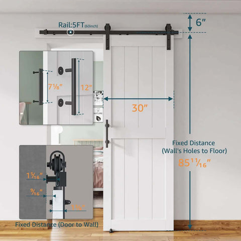 Sliding Barn Door 30x84 Inch With Five Foot Hardware Kit And Handle Floor Guides Pre Drilled Holes Easy Assembly Installation Manual