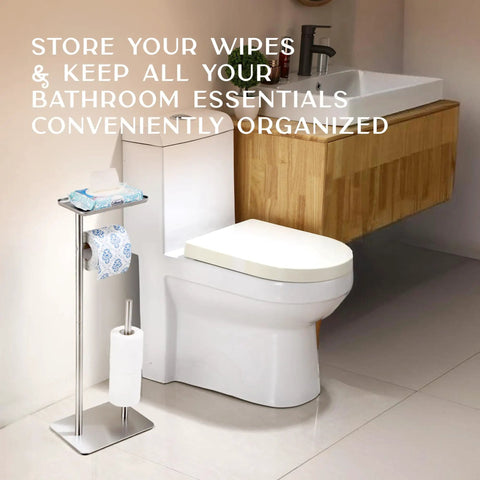 Hidden Wipes Toilet Paper Holder With Built In Shelf Free Standing For Bathroom Modern Brushed Nickel Finish 1 Pack