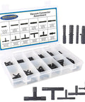 Front view of 113-piece nylon vacuum connector kit in clear storage box; automotive vacuum tubing fittings.