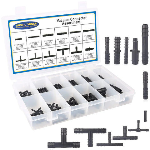 Front view of 113-piece nylon vacuum connector kit in clear storage box; automotive vacuum tubing fittings.