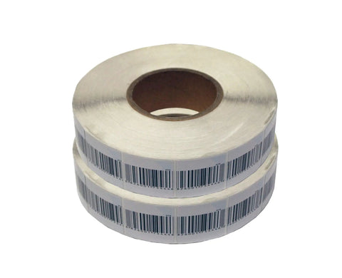 Two rolls of barcode soft sensor labels for Starter Sound Security Kit With 2000 Soft Sensor Labels Glass Top Soft Label Device With Audible Alert And RF 8.2 MHz EAS Antenna Tower Gate System For Retail Stores Gift Shops And Inventory Protection.