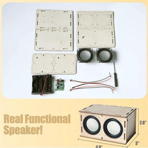 Hands On DIY Electronics Kit For Kids And Teens Build A Speaker Learn Circuits And Sound STEM Project Gift For Ages 7 8 9 10 11 12 13 14 15 Plus Great Summer Camp Activity And Cool Tech Gadget, showing wooden speaker parts, wires, and tools