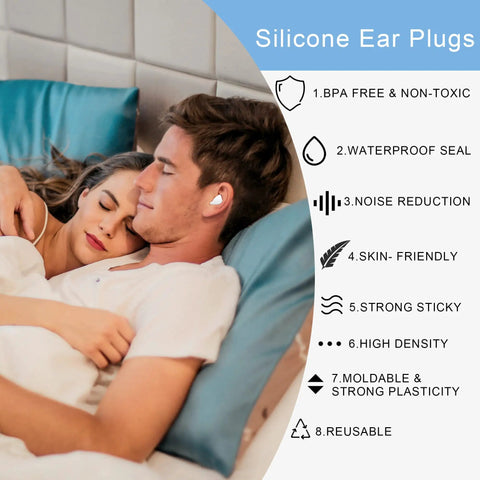 Couple sleeping with 14 Pairs Silicone Ear Plugs For Sleeping And Travel, Reusable Noise Reduction 27dB, with features listed