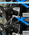 Comparison image of motorcycle brake area before and after installing Premium Beefed-Up CNC Aluminum Rear Brake Fluid Reservoir Cover Guard