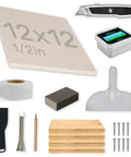 Pro Grade Drywall Repair Kit For Home And Office Fix Holes Fast With 12x12 Inch Panels Includes Backing Boards Joint Compound Patch Sanding Pad And All Essential Tools For A Clean Seamless Finish, showing complete set with tools and materials.