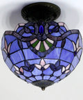 Tiffany Style Baroque Stained Glass Ceiling Light Fixture In Blue And Purple Semi Flush Mount 12 Inch Shade 11 Inch Height