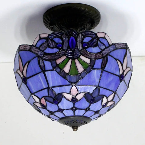 Tiffany Style Baroque Stained Glass Ceiling Light Fixture In Blue And Purple Semi Flush Mount 12 Inch Shade 11 Inch Height