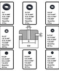 Diagram of 180 Pcs Rubber Grommets Kit In Eight Sizes For DIY Auto Wiring And Cable Protection Drill Hole Sizes One Quarter Inch Through One Inch Premium Flexible Rubber Grommets Assorted Set with dimensions and quantities per size shown.