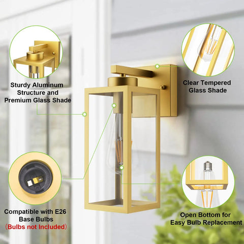 Gold Outdoor Wall Lanterns 2 Pack Exterior Wall Sconces With Clear Glass Shade For Entryway Porch Doorway Weather Resistant Wall Mount Lights That Give Your Entryway A Lit Glow No Bulbs Included