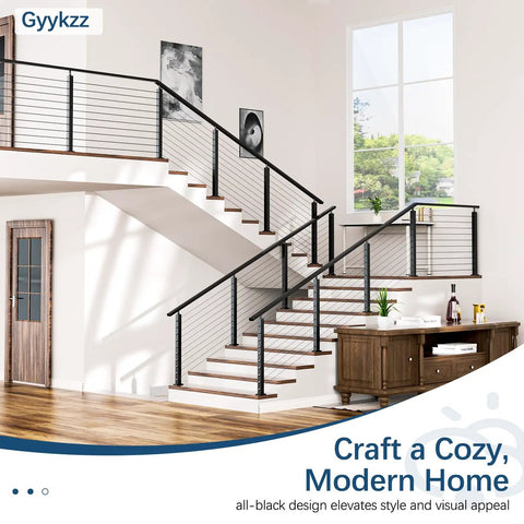 Kickass Black Stainless Steel Handrail For Cable Railing System 6 Foot 6 Inch Length Two Pack Heavy Duty Metal Grip Rail in modern staircase.
