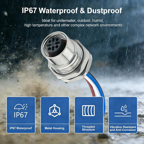 Industrial M12 A Coded 4 Pin Female Field Wireable Connector Panel Mount 16mm Aviation Style IP67 Waterproof shown in rain