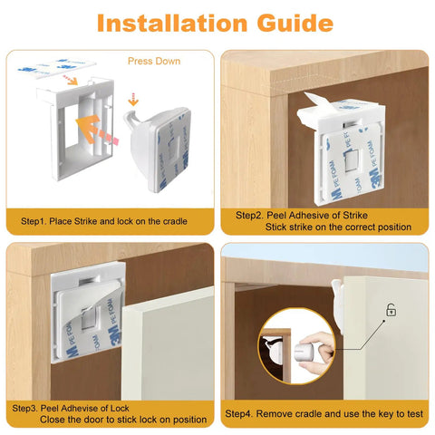 Installation guide for magnetic cabinet locks for baby proofing, no drill easy install, 10 locks and 2 keys, keep cabinets kid safe.