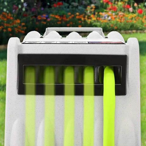 Close-up of Heavy Duty Retractable Water Hose Reel With Half Inch By Seventy Feet Hose Auto Rewind Latching Length Control Or Free Run Seven Position Swivel Bracket Locks At 135 Degrees Durable Garden Essential For Quick Yard Watering Beast Yard Favorite, showing green hose exiting reel in garden setting