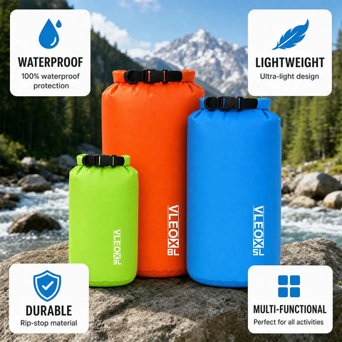 Ultralight Dry Bag Set With Roll Top Closure Waterproof Sacks 3 colorful bags on rocks by stream for hiking camping kayaking