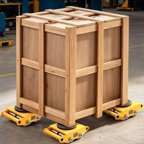 Heavy-Duty Industrial Machinery Mover Skate With 360-Degree Rotating Turntable, Steel Base Machine Dolly under wooden crate