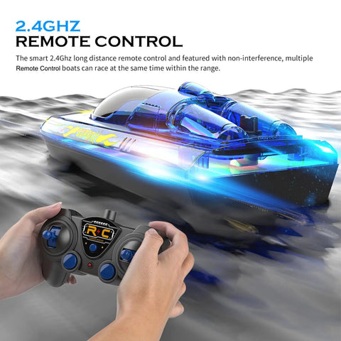 RC Boat With LED Light Modes, 2.4GHz Remote Control, Waterproof Hull for Pools and Lakes, Transparent Cover, Durable Water Toy in Blue