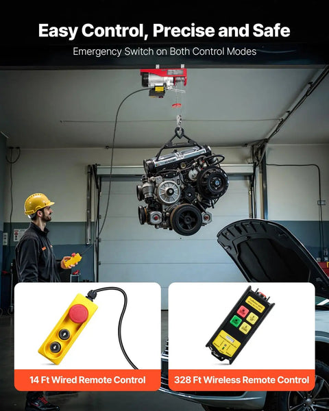 Electric Hoist 1320 Lb Capacity 120V Winch With 328 Ft Wireless Remote lifting engine in garage setting