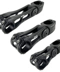 Three black adjustable 31.8mm MTB bike stems, 70 degree range riser, 90mm 110mm 145mm aluminum alloy, side view