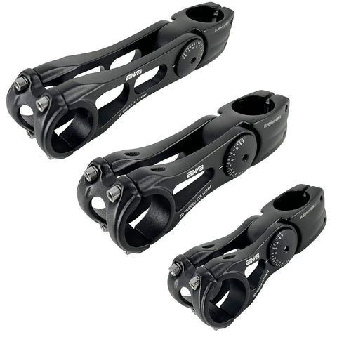 Three black adjustable 31.8mm MTB bike stems, 70 degree range riser, 90mm 110mm 145mm aluminum alloy, side view