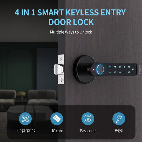Smart Biometric Door Lock With Fingerprint Passcode IC Card And Key Access, Keyless Entry Door Knob With Handle on a wooden door