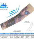 All Day Cooling Arm Sleeves With Heavy Duty UV Protection And Super Breathable Stretch Mesh for Chillin Under The Sun, UV protection and size details.