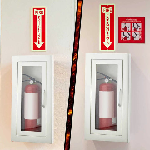 Semi Recessed Fire Extinguisher Cabinet With Reflective Sign, Steel Wall Mount, Magnetic Door With Handle, Acrylic Window, installed view.