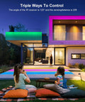 House exterior illuminated by 100ft Waterproof LED Strip Lights With Remote And App Control RGB SMD 5050 Color Changing Mood Lighting For Bedroom, Living Room, Dorms, And Office Decor With Music Sync.