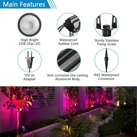 Features of RGB Color Changing Outdoor Landscape Spotlights, 1800 Lumens, 12V Low Voltage, IP65 Waterproof, 6 Pack