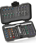 Open case of Magnetic Ratchet Screwdriver Set With 50-In-1 Bits, featuring detachable handle and high torque 58-tooth ratchet