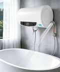 Heavy Duty 1500 Watt Electric Tank Water Heater Delivering 9.25 Gallon Hot Water Built Solid Stainless Shell With Protective Enamel Lining Plug And Play Wall Mount Shower Kit For Your Home with water flowing into a tub.