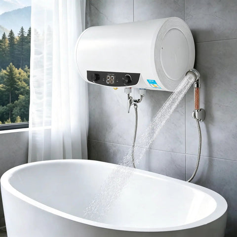Heavy Duty 1500 Watt Electric Tank Water Heater Delivering 9.25 Gallon Hot Water Built Solid Stainless Shell With Protective Enamel Lining Plug And Play Wall Mount Shower Kit For Your Home with water flowing into a tub.