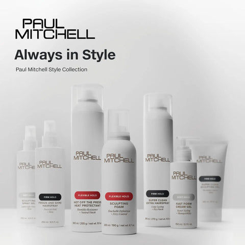 Paul Mitchell style collection featuring various hair products with flexible and firm hold options.