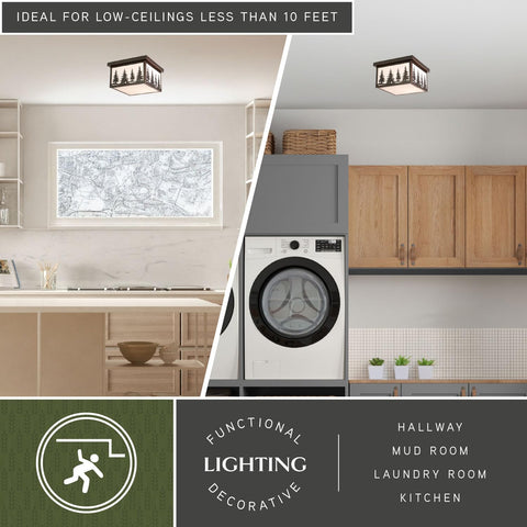 Rustic Burnished Bronze Flush Mount Ceiling Light With White Tiffany Glass in kitchen and laundry room setting
